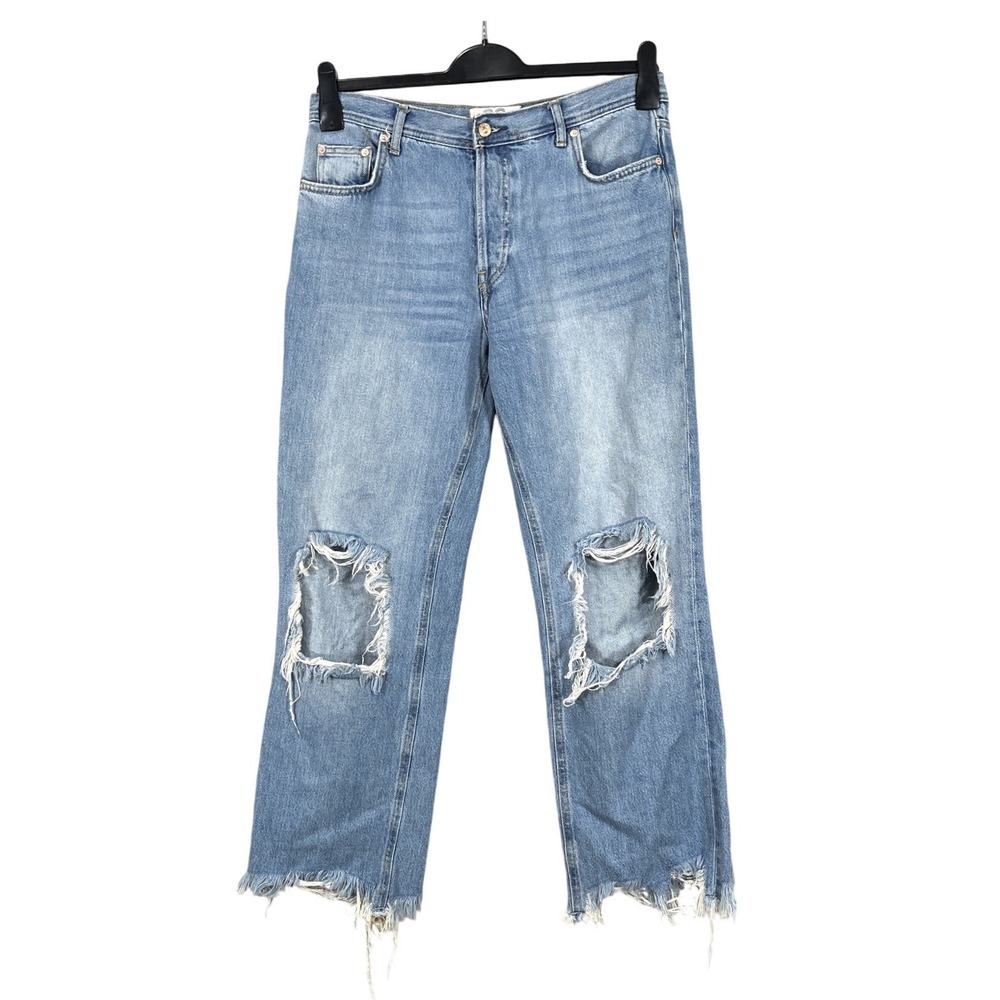 WE THE FREE PEOPLE Maggie BLUE Destroyed Denim STRAIGHT LEG 5-Pocket JEANS 28
